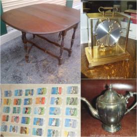 MaxSold Auction: This online auction features Drop Leaf Dining Table, Oak Cabinet, Vintage bent Wood Rocker, Wood Medicine cabinet, Night Stand  ANTIQUE: Kundo Brass Pendulum Clock,  Piano Stool, Drum style Table, Arm Chair, Butlers Stand, Metal Desk Lamp, Oil Lamps. Collectibles including an Official Guide, Scrapbook sheet torn, full of Stickers, Maps, Old Postcards from 1000 Islands, Collector Plates, Sterling Carving Set, Dewalt cordless drill, Cordless Tool set, Prints, Books, Toys and much more!